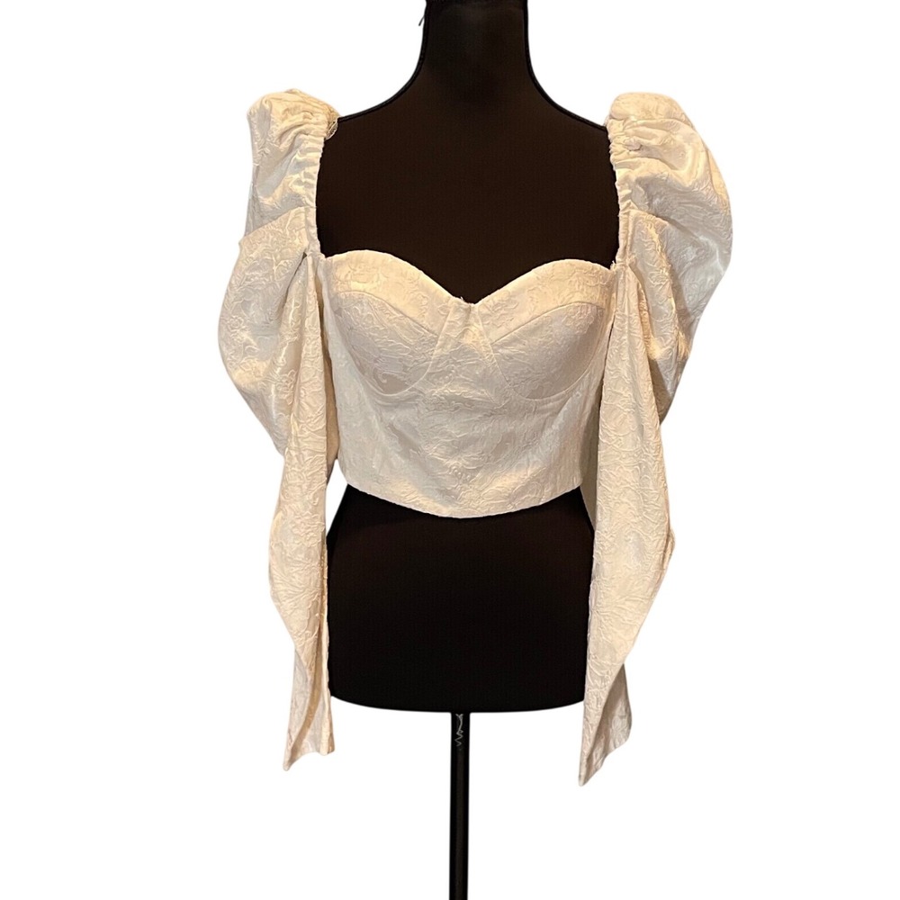 Fashion Nova White Floral Jacquard Puff Sleeve Corset Crop Top M Baddie Coquette